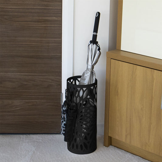 Maison & White Round Metal Umbrella Stand | Black Laser-Cut Iron | Removable Drip Tray & 4 Hooks | 49.2cm Tall