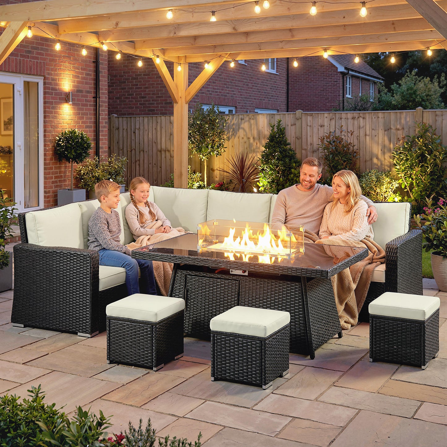 7 Piece Rattan Garden Sofa Set with 50,000 BTU Gas Fire Pit Table | 2 Corner Loveseats | Loveseat | 3 Footstools | Glass Wind Guard | Padded Cushions | Washable Covers | Cream