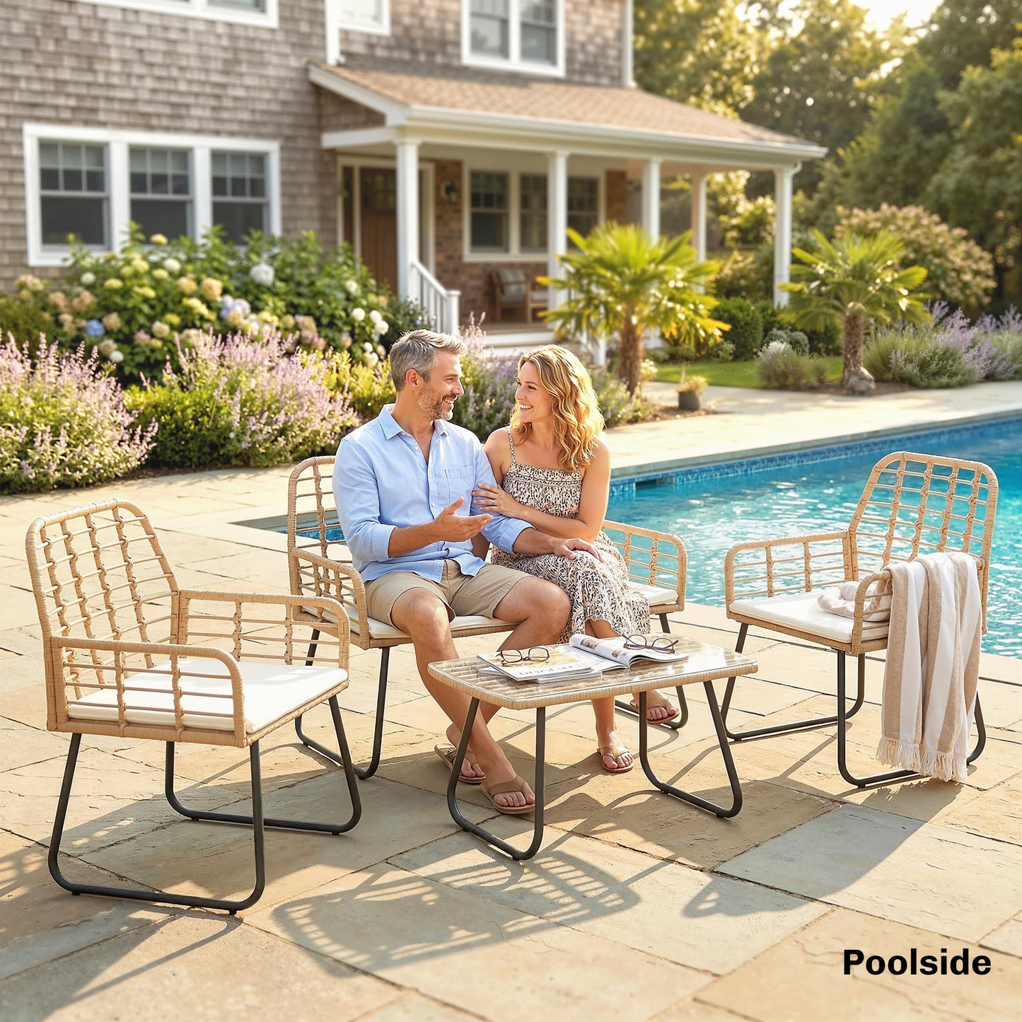 4 Piece Rattan Garden Furniture Set | Loveseat | 2 Armchairs | Coffee Table | Tempered Glass Top | PE Rattan & Metal Frame | High-Density Cushions | Washable Covers | Natural Wood