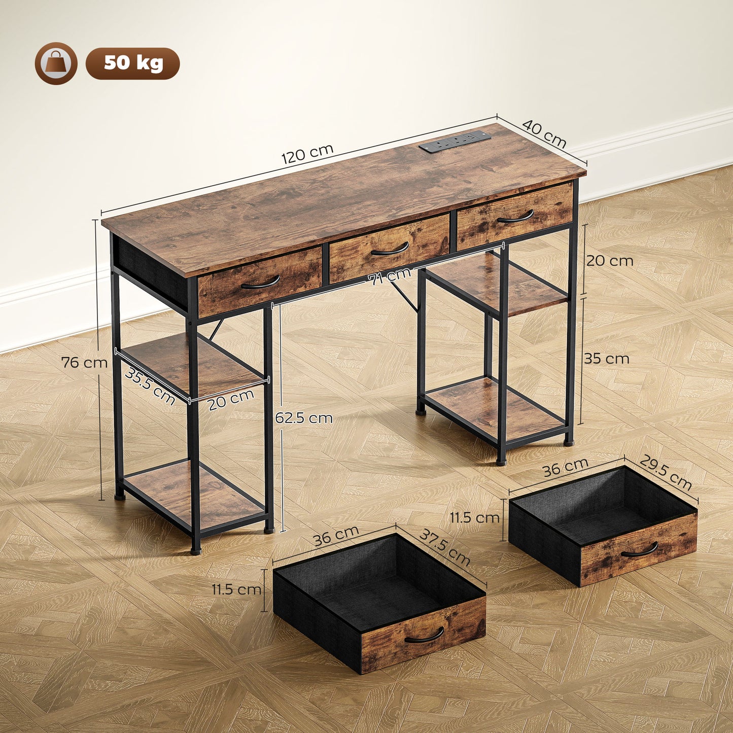 120cm Computer Desk with Power Outlets, Office Desk Study Table with Fabric Drawers and Storage Shelves, Rustic Brown