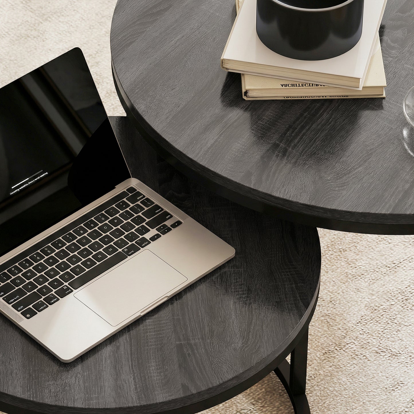 Set of 2 Round Nesting Coffee Tables | Wood-Effect MDF Top | Steel Frame | 50kg | Black Wood Grain