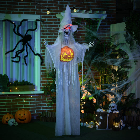 6ft Outdoor Halloween Decoration Witch with Pumpkin, Standing Skeleton Witch Prop Life Size with Sound and Motion Activated, Light Up Eyes, Laughing Sound, Posable Arms, White