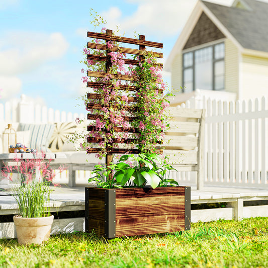 Carbonised Wood Raised Planter with Ladder Trellis | Reinforced Metal Corners | 4 Wheels 2 Lockable | Non-Woven Liner | Drainage Holes | 35kg Capacity | 65x31x147cm | Carbonised