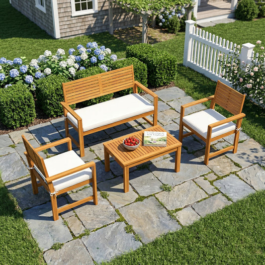 4-Piece Acacia Wood Garden Sofa Set | Loveseat, 2 Armchairs & Table | Cream White Cushions