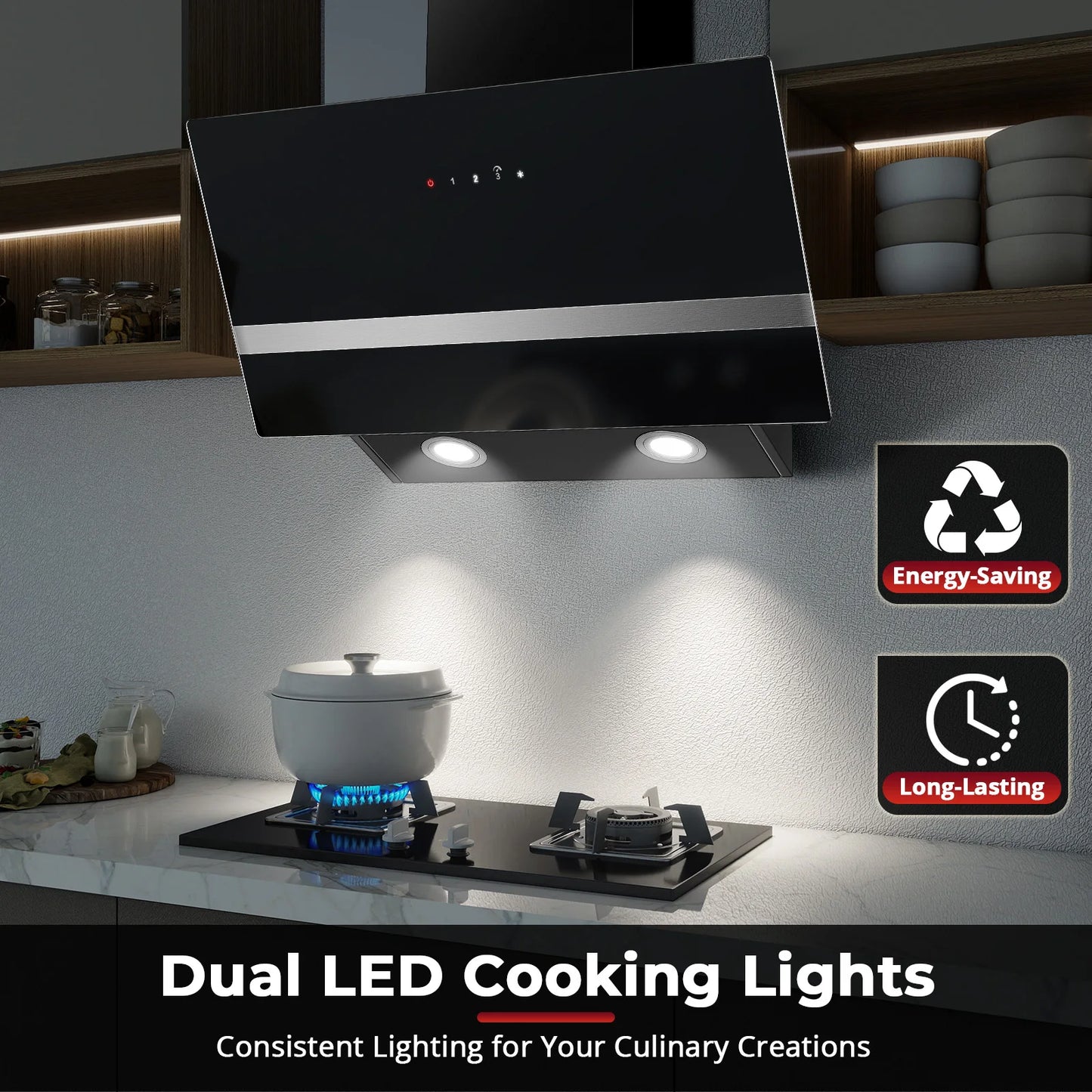 SNDOAS 60Cm Angled Cooker Hood, 400 M³/H, A+++, Touch Control, Dual Mode, Black Glass