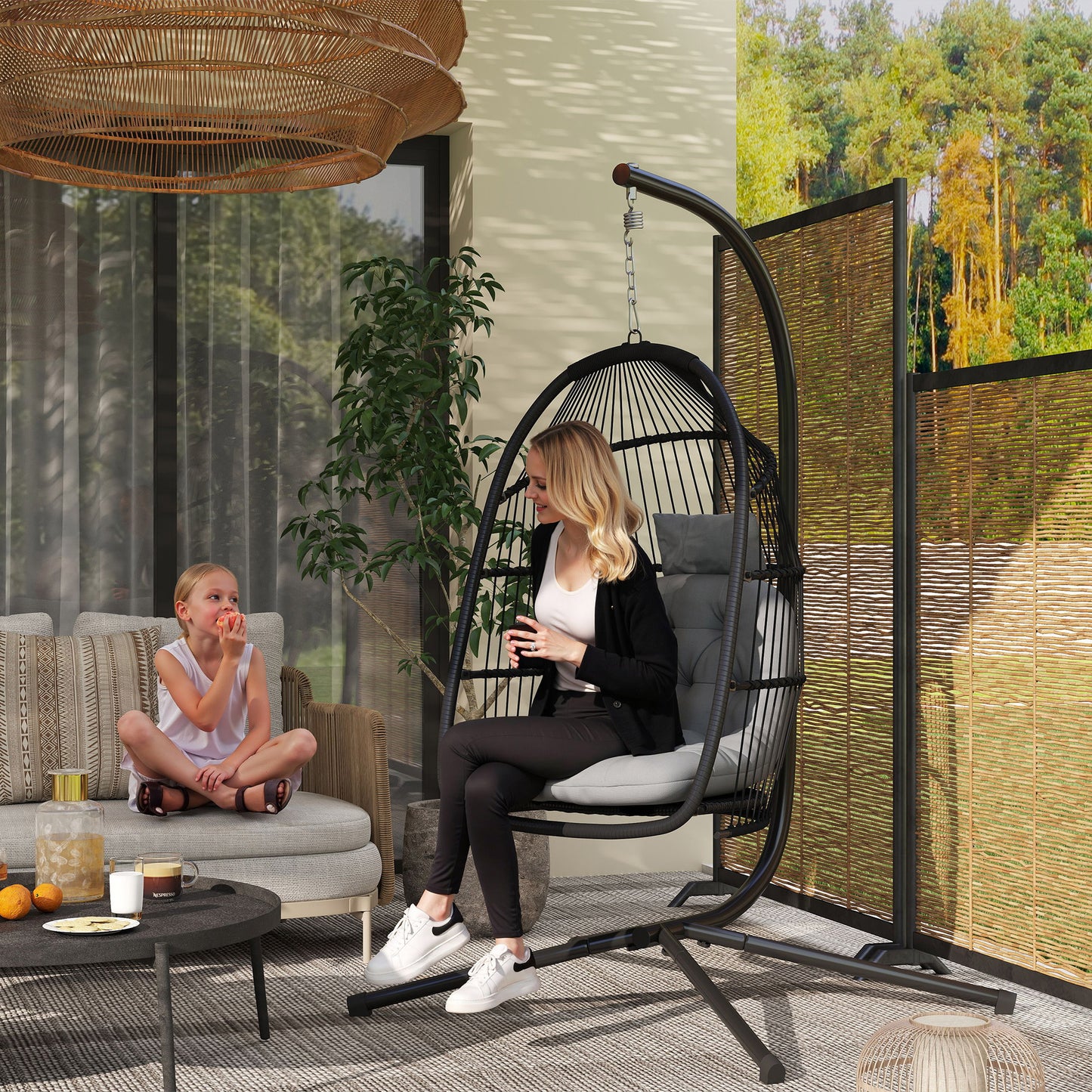 Outsunny Rattan Hanging Egg Chair with Stand, Foldable Wicker Swing Egg Chair with Cushion, Head Pillow, Steel Frame, Hammock Chair