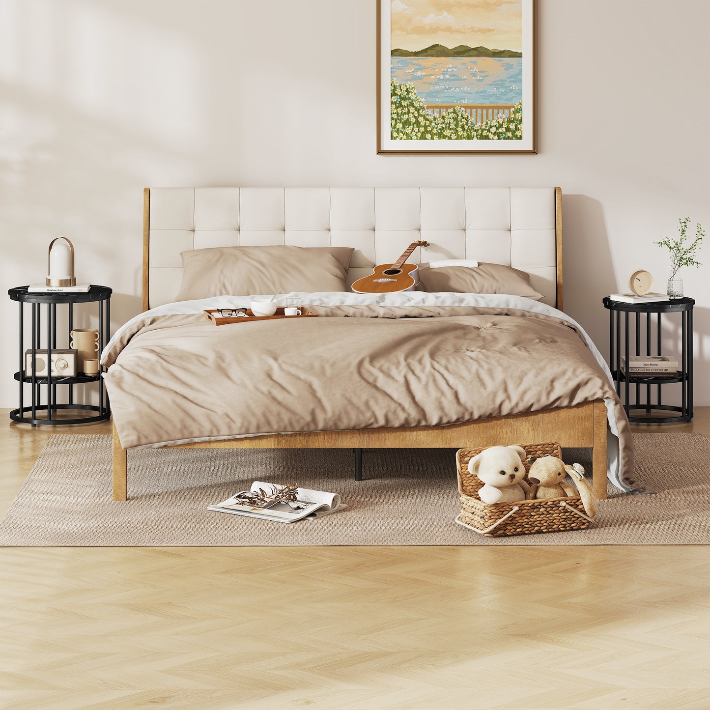 Set of 2 Marble-Effect Nest of Coffee Tables | 2-Tier Each | Adjustable Feet | Steel Frame | 45kg | Use Together or Separately | Black