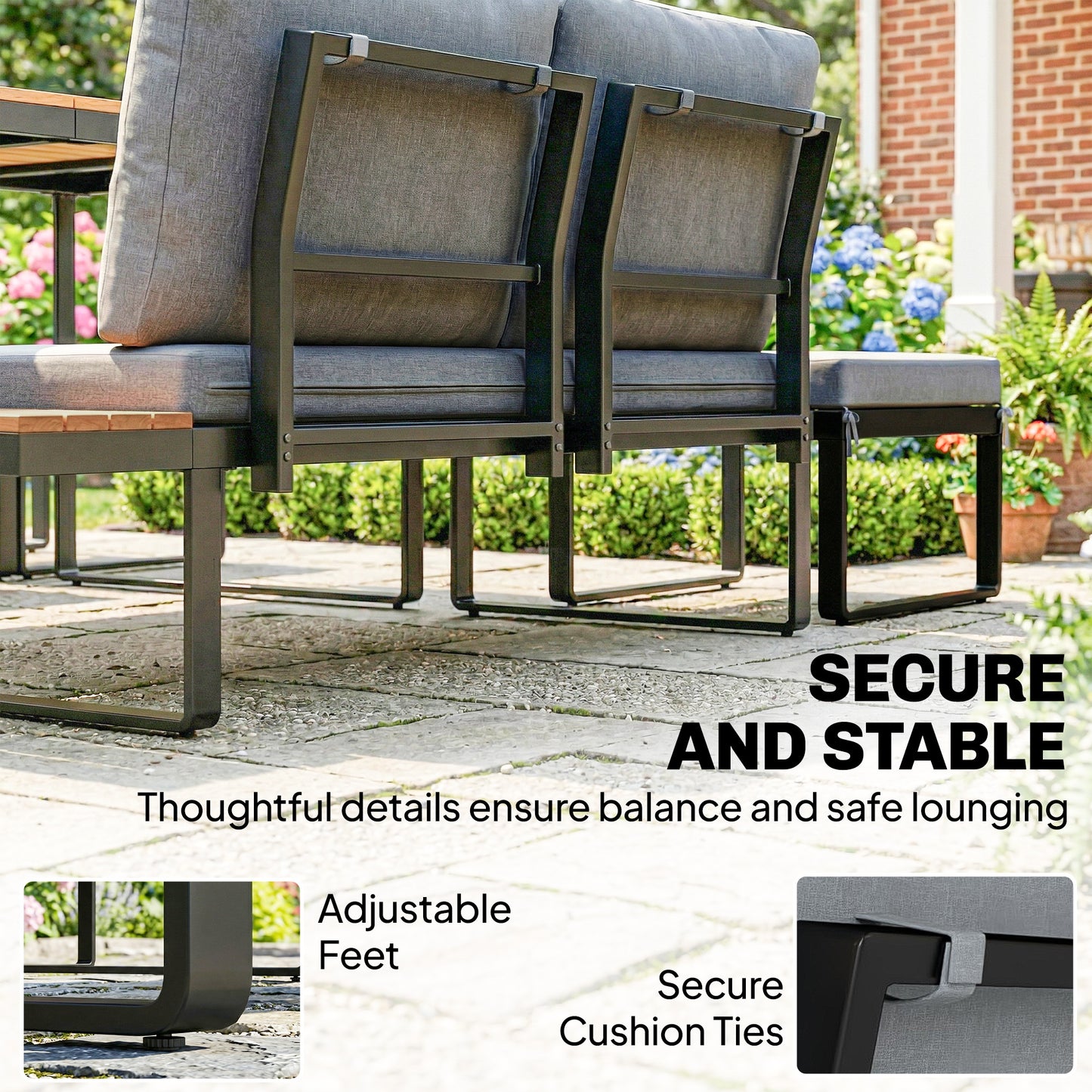 6-Piece Modular Garden Sofa Set | Dining Table | 8cm Cushions | Seats 6-8 | Grey