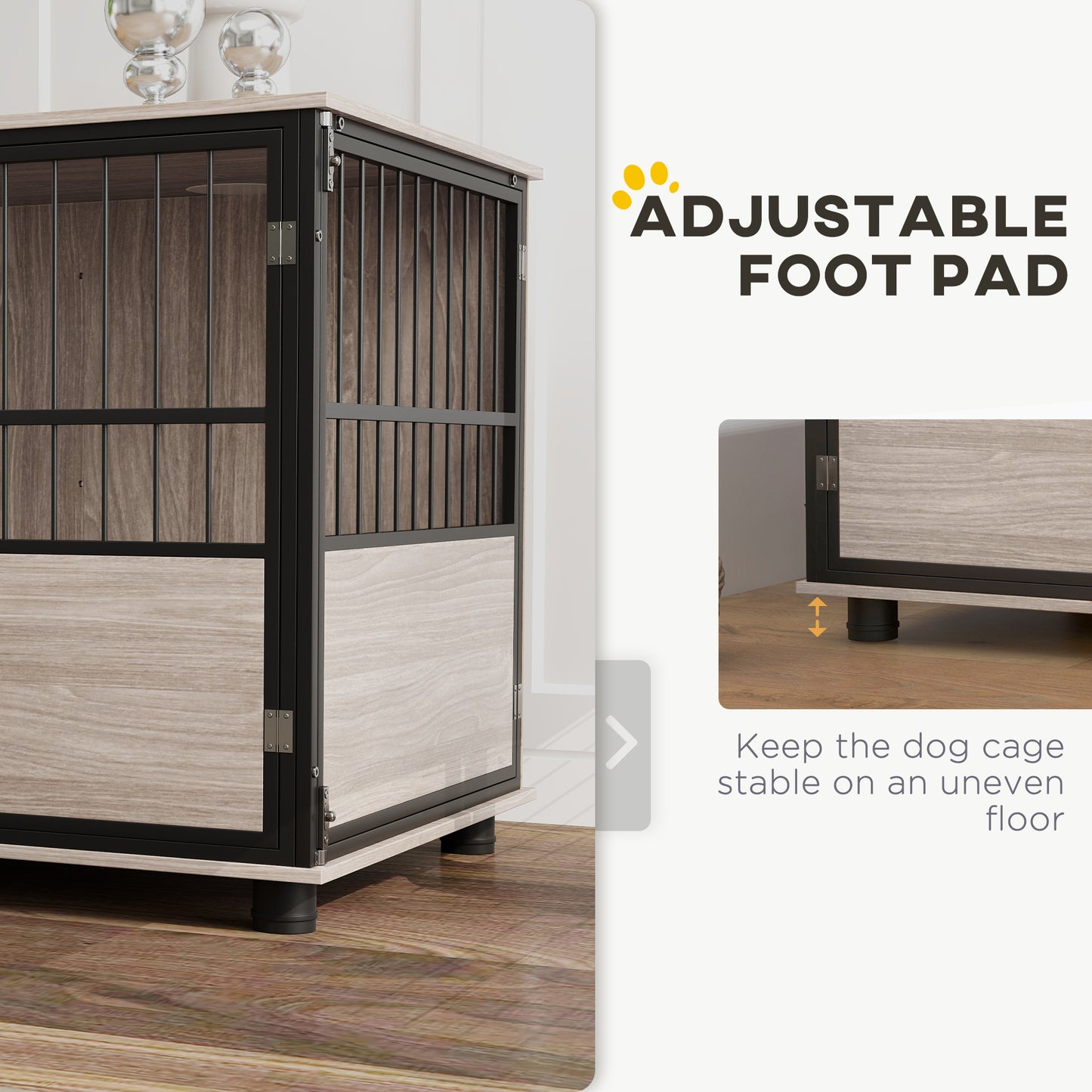 Dog Crate Furniture Side Table | 3 Doors | Washable Cushion | Steel Bar Ventilation | Dogs up to 20kg | 80 x 60 x 68cm | Walnut & Black
