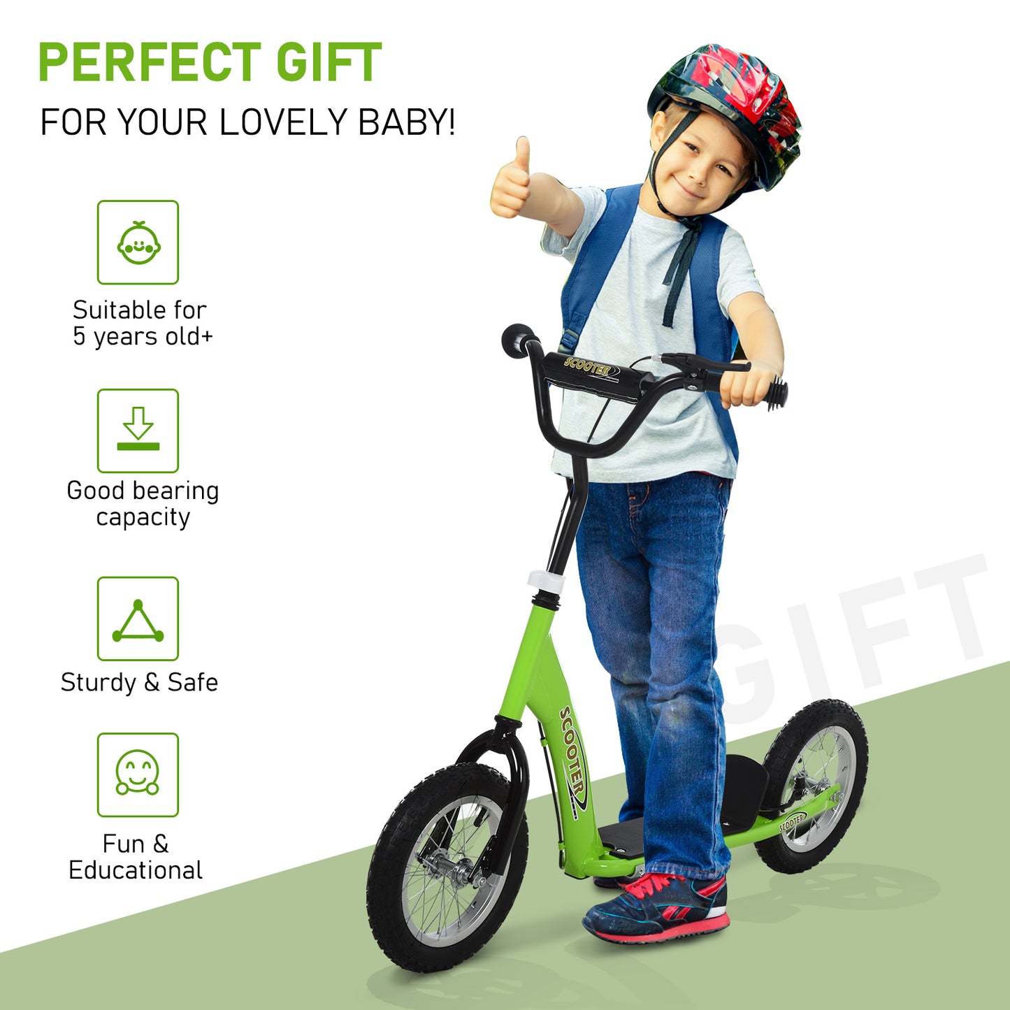 Teen Kids Stunt Scooter w/ Adjustable Handlebar, 12 Inch Rubber Tyres, Dual Brakes
