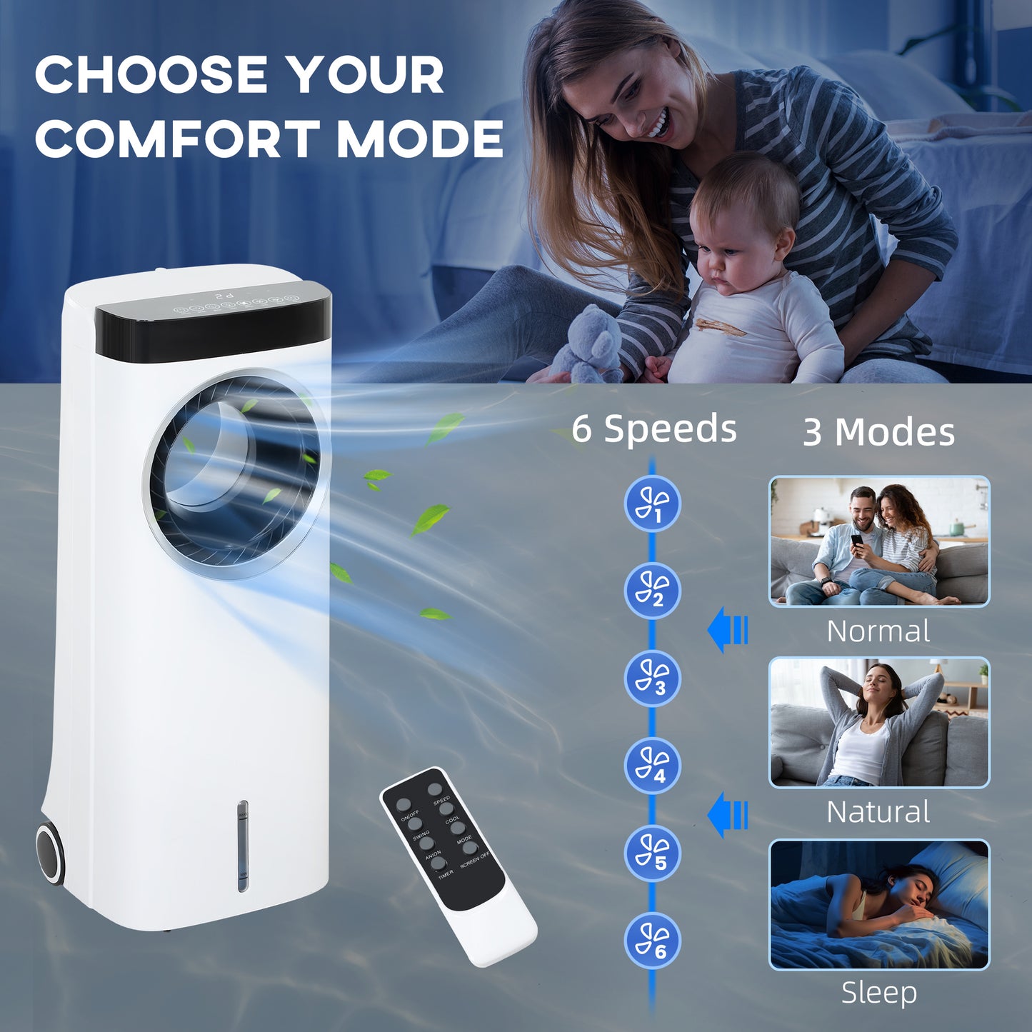 Evaporative Air Cooler, 6.5L 4-in-1 Bladeless Portable Cooler, Fan, Humidifier, Air Clean W/ Oscillation, 3 Speeds, 24H Timer, 2 Ice Packs