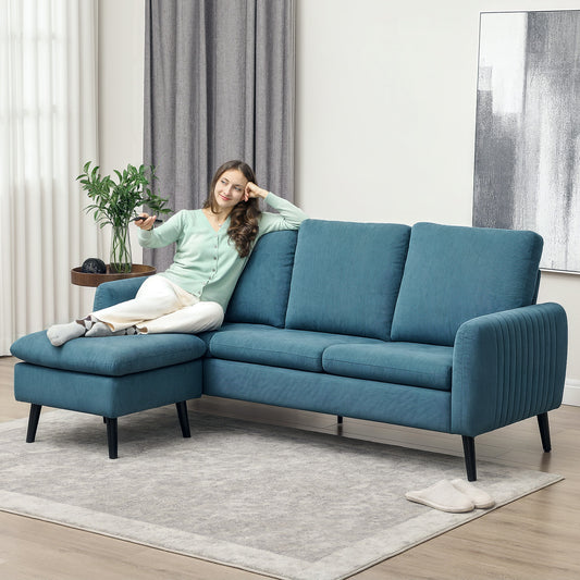 Corner Sofa W/ Reversible Chaise Lounge, Corduroy Fabric 3 Seater Settee for Living Room, L Shaped Couch with Scatter Back, Left/Right Hand, Blue