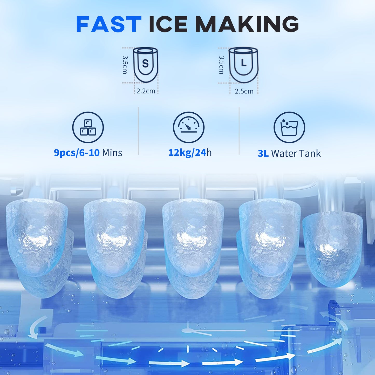 3L Ice Maker Machine and Water Dispenser, 12kg in 24H, 2 Sizes 9 Ice Cubes Ready in 6-10 Mins Ice Machine, Red