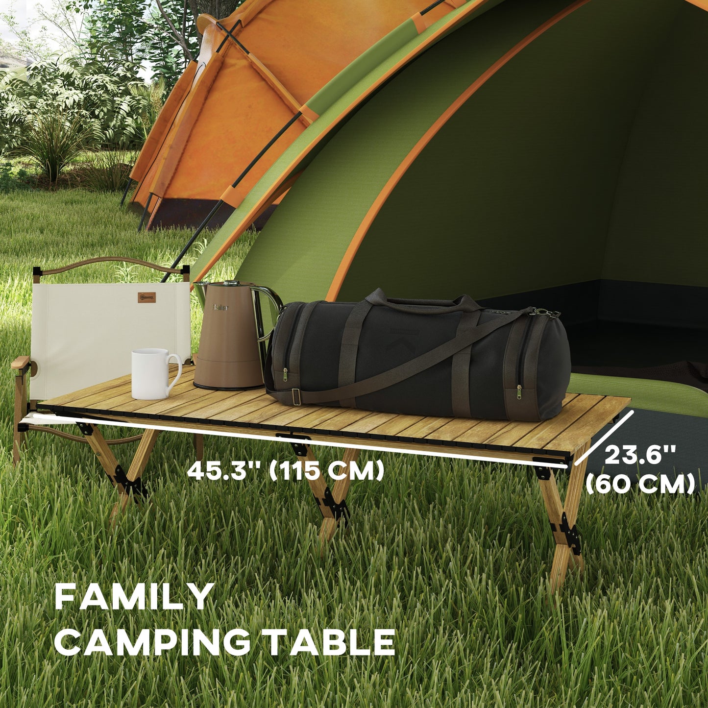 Outsunny Portable Camping Table, Aluminium Folding Table with Roll-Up Top, Picnic Table for Indoor, Outdoor, Party, BBQ, Beach, Natural Wood Effect