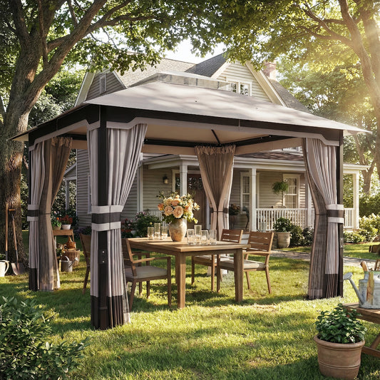 Outsunny 3 x 3.6 m Outdoor Garden Gazebo with Netting and Curtains, Double Roof Patio Gazebo Permanent Pavilion, Khaki