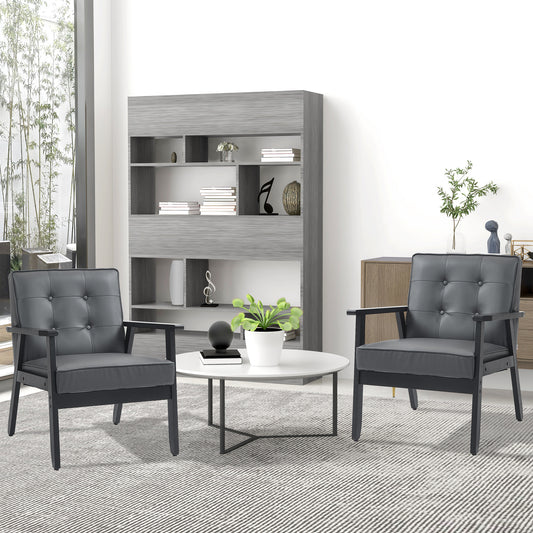 2 Pieces Armchairs, PU Leather Accent Chairs, Occasional Chairs with Beech Wood Frame for Living Room, Reception, Bedroom, Balcony, Grey