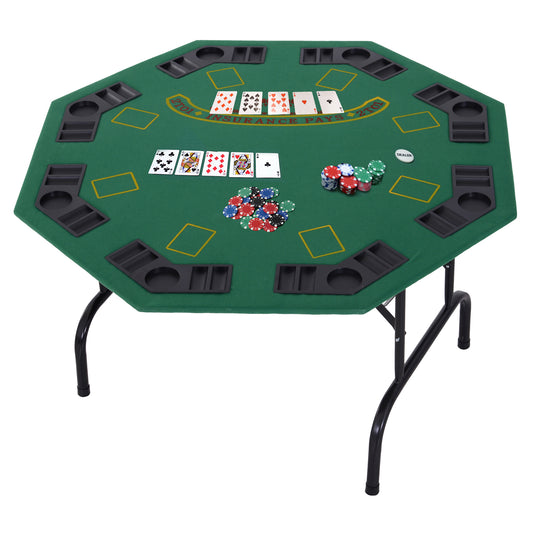 8 Player Folding Games Poker Table with Chip Cup Holder Steel Base Felt Top Octagon Blackjack Casino Green