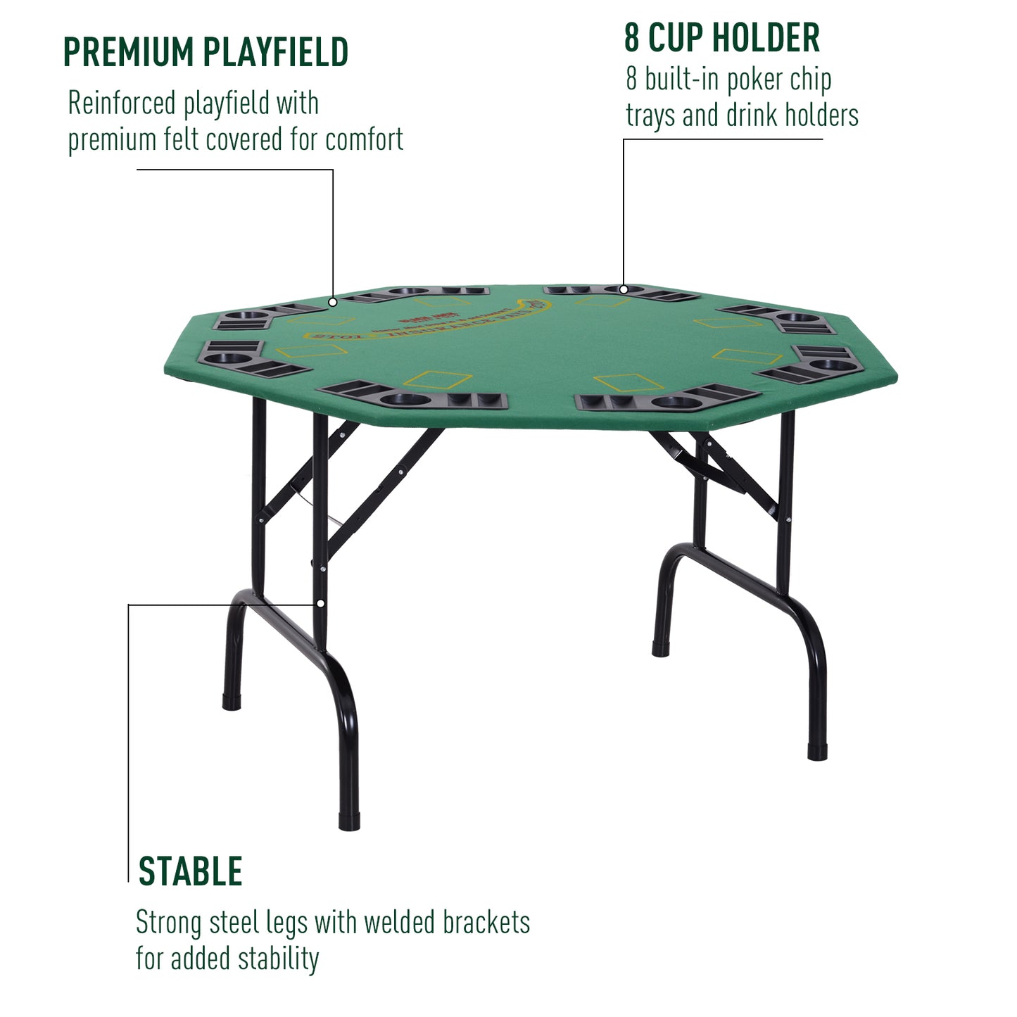8 Player Folding Games Poker Table with Chip Cup Holder Steel Base Felt Top Octagon Blackjack Casino Green