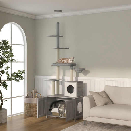 PawHut Cat Tree with Hidden Litter Box, 2 in 1 Floor to Ceiling Cat Litter Box Furniture with Cat House, Bed, Hammock, Platforms, for Indoor Use, Grey