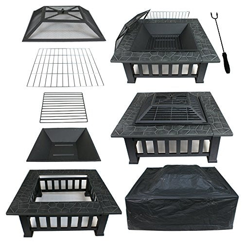 Outdoor Fire Pit - Metal Brazier Square Table Firepit Garden Patio Heater/BBQ/Ice Pit with Waterproof Cover 3 In 1