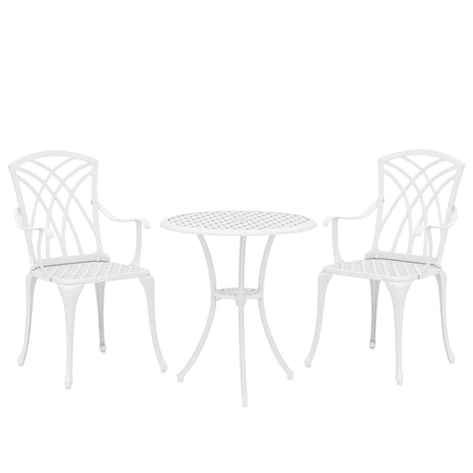 3 Piece Cast Aluminium Garden Bistro Set | Round Table Dia 61cm | Parasol Hole | 2 Chairs | Cut-Out Back Design | Adjustable Feet | 120kg | White