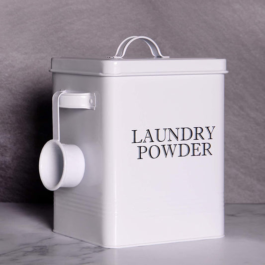 Laundry Powder Storage Tin | Powder-Coated Steel | Secure Lid | Side Carry Handles | 83.5ml Scoop Included | 26x20x15cm | 2-Year Warranty | White