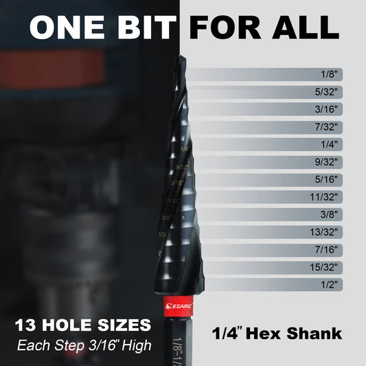 EZARC Step Drill Bit for Metal, 1/8''-1/2'' Spiral Flute Step Drill Bit 1PC, Wear-Resistant Altin Coated for Metalworking