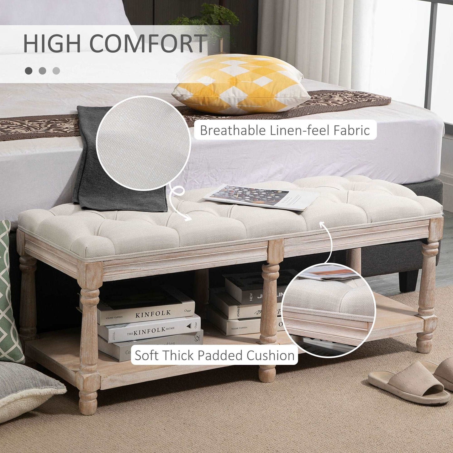 2 Tier Shoe Rack Bench with Button Tufted Upholstered Cushion, Vintage Bed End Bench, Wooden Window Seat for Hallway, Living Room, Cream White