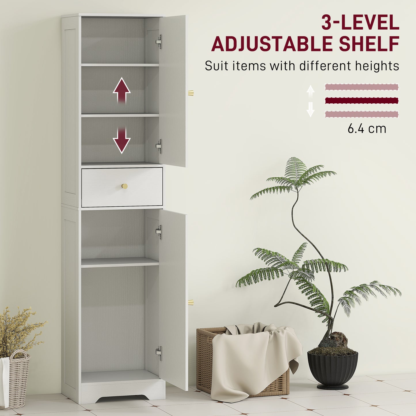 Tall Bathroom Cabinet with Arched Doors - White