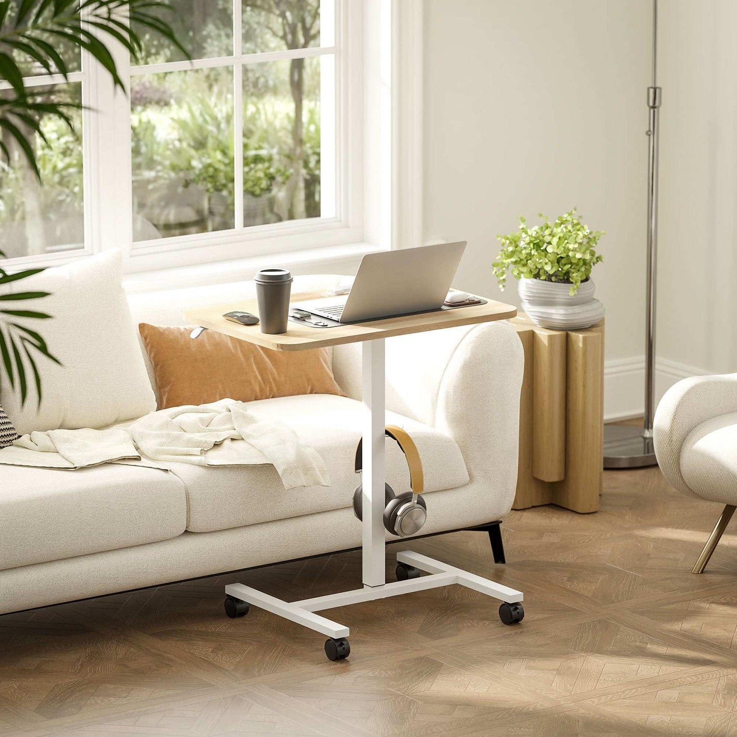 Height Adjustable Standing Desk, Pneumatic Sit Stand Desk for Laptop, Mobile Overbed Table W/ Wheels And Headphone Hook for Home Office