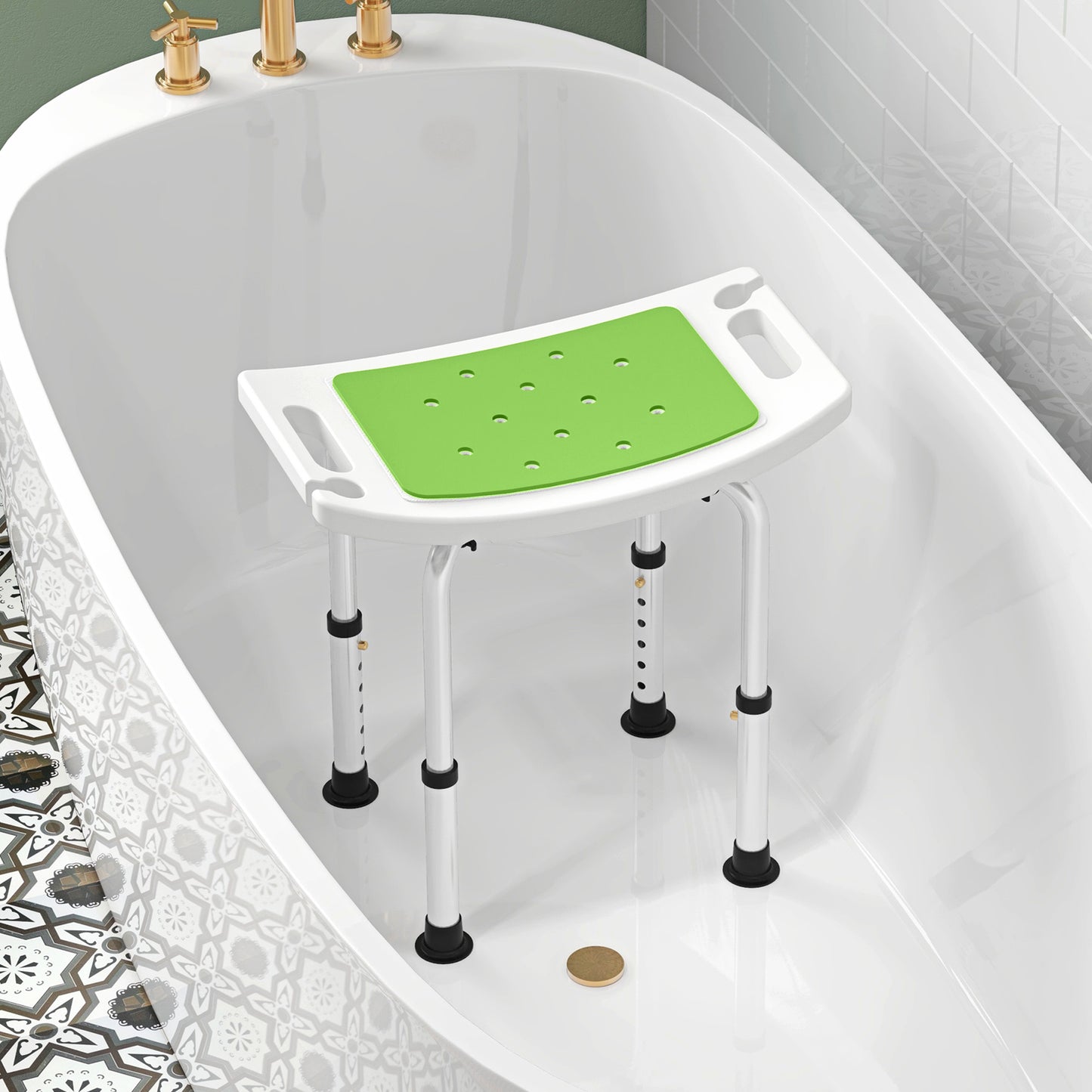 6-Level Height Adjustable Aluminium Bath Room Stool Chair Shower w/ Padded Seat Drainage Holes Foot Pad, Green