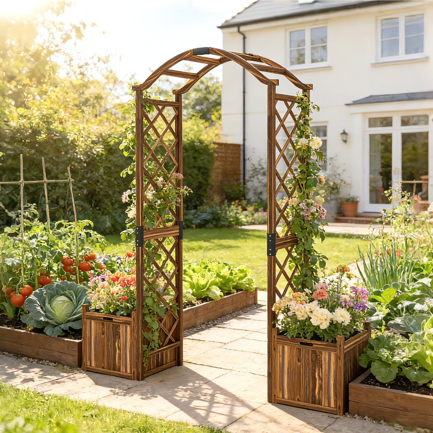 Wooden Garden Arch with 2 Planter Boxes | Trellis for Climbing Vines & Roses | Carbonised Fir Wood | Water Lacquer Finish | 25kg Capacity | 170.5x42x200cm | Carbonised