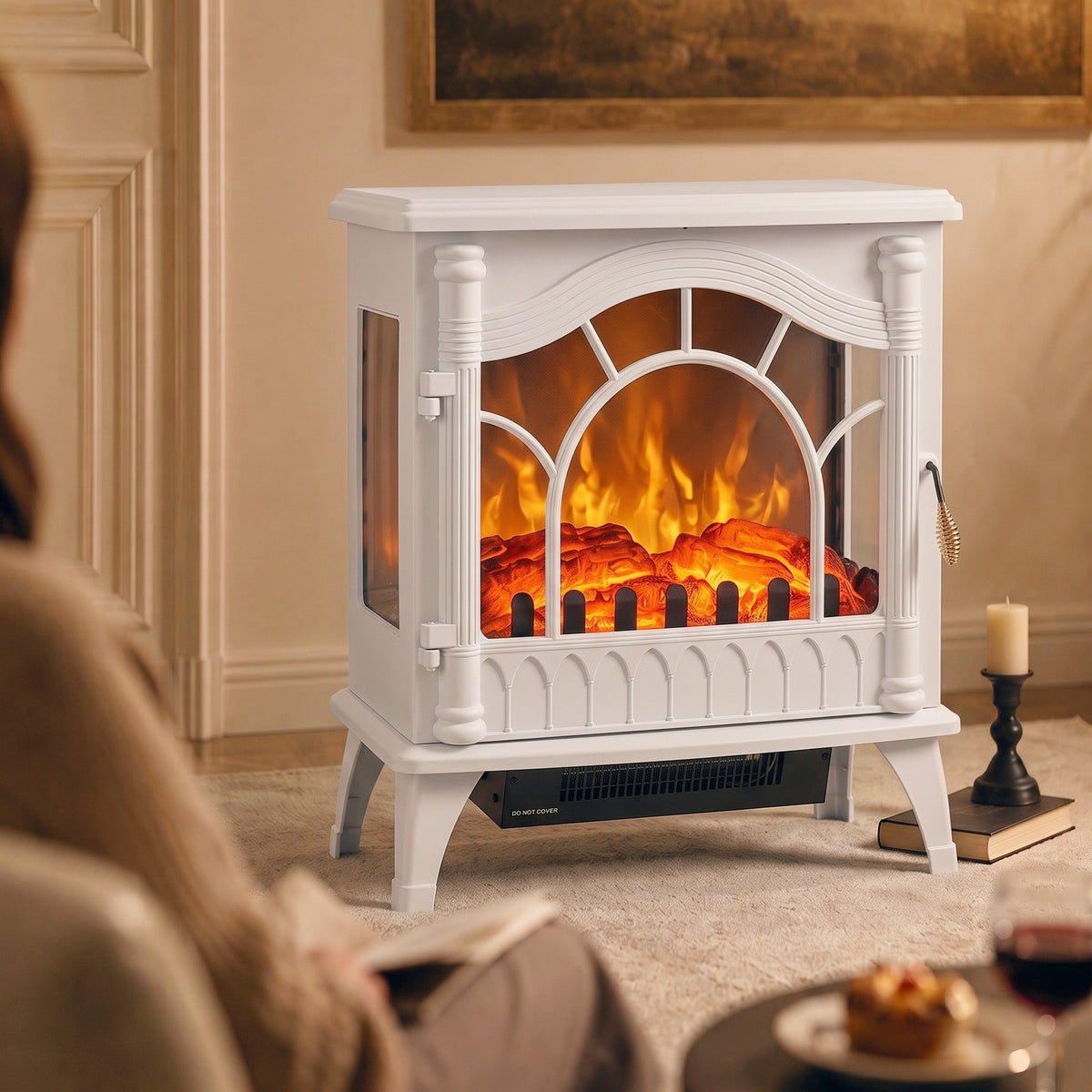 White Electric Fireplace Stove | 3-Sided Glass Flame Effect Fan Heater, 1000W/2000W, 15–30 m² Coverage | Freestanding