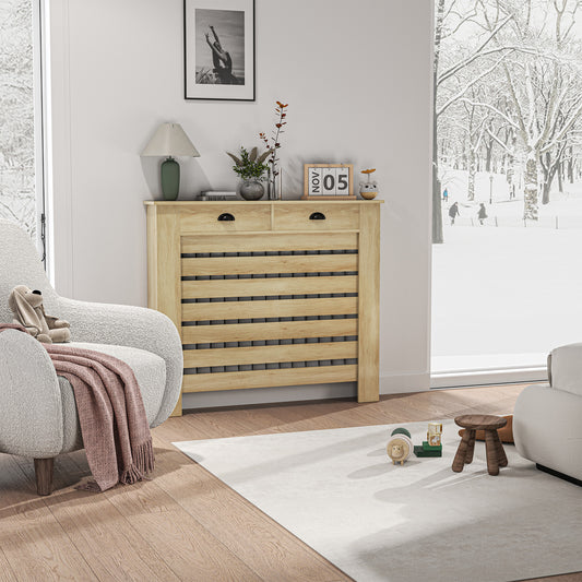 MDF & Particle Board Radiator Cover with 2 Drawers | Slatted Design | Skirting Board Cut-Outs | Easy-Fix Clips | Wood-Effect Top | 4kg Per Drawer | 111x19x95.5cm | Oak