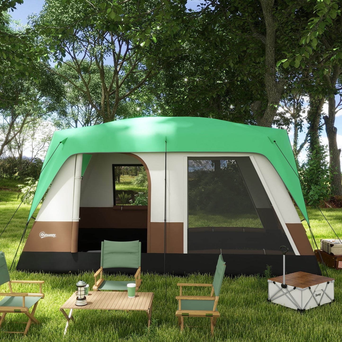 Outsunny Seven-Man Camping Tent, with Small Rainfly and Accessories - Green