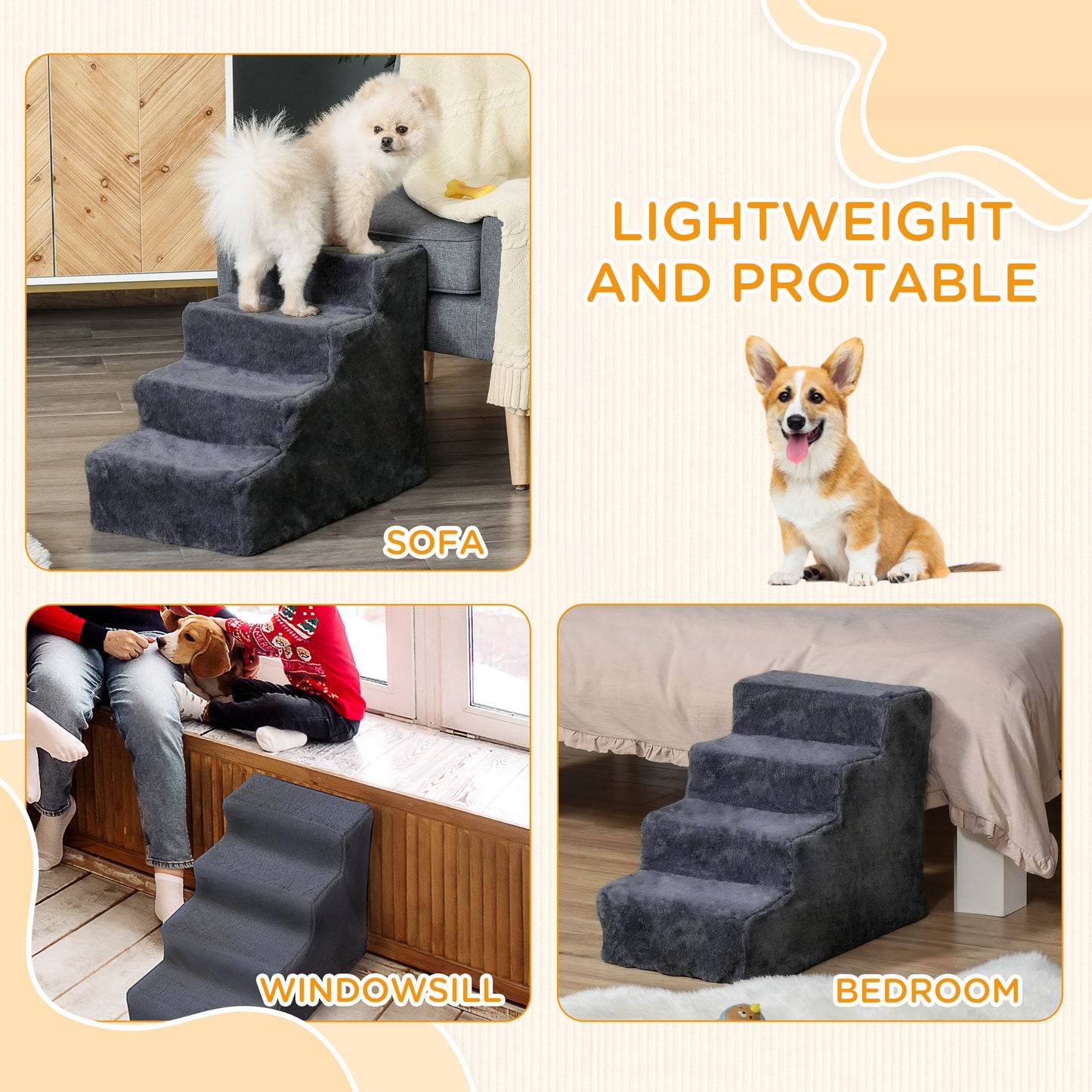 Four-Step Dog Stairs, with Washable Plush Cover, for High Bed Sofa, Dog Steps for Small Dog and Cat - Dark Grey