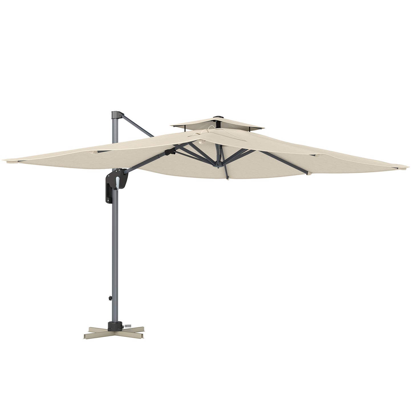 3.7 x 2.7 m Cantilever Parasol w/ 360° Rotation and Easy Tilt Adjustment, Aluminium Hanging Offset Outdoor Umbrella w/ Double Top and Cross Base, UPF50+ Hanging Sun Shade
