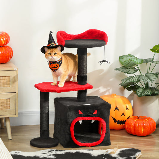 PawHut Cat Tree, Gothic Cat Tower with Scratching Posts, Cute Condo, Coffin Platform, Bed and Spider Toy, Halloween