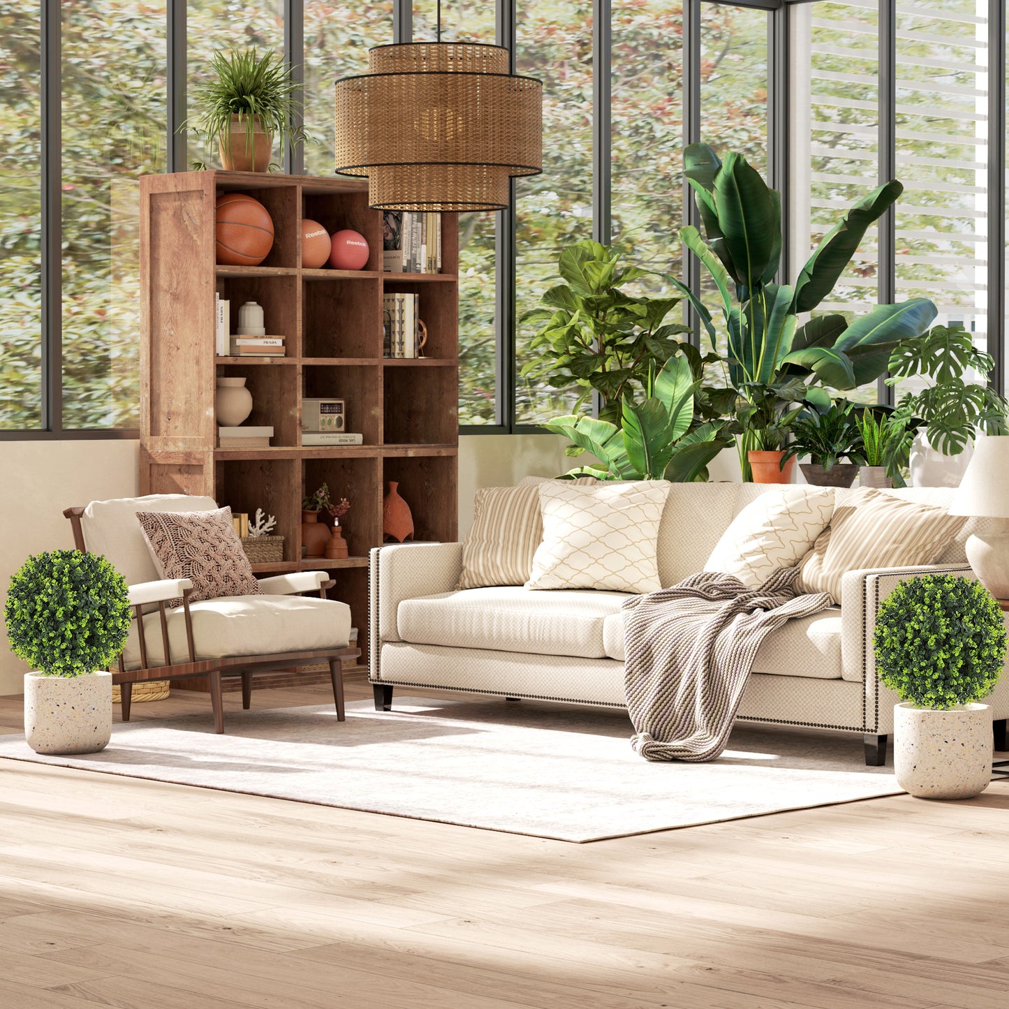 Set of 2 40 cm Artificial Boxwood Topiary Ball Bush with Integrated Ground Stake, Indoor Outdoor UV Resistant Faux Greenery, Faux Plants for Garden, Porch, Balcony