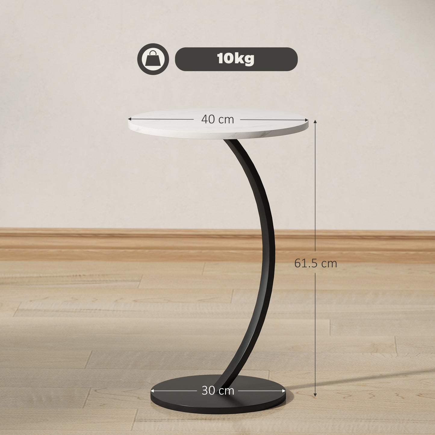 C Shaped Side Table, Round Bedside Table with Marble Effect Top, Modern Coffee Table Sofa End Table, White