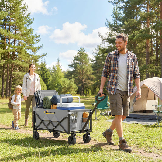 80L Foldable Festival Camping Trolley | Drop-Down Tailgate | Adjustable Handle | 2 Cup Holders | Storage Bags | Quick Release Wheels | 150kg | Grey