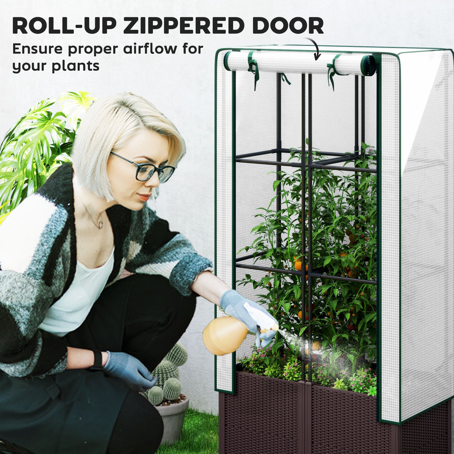 Raised Garden Bed with Trellis, Plastic Planter Box with Drainage Holes and Drain Plugs for Climbing Plants, Vegetables, Flowers