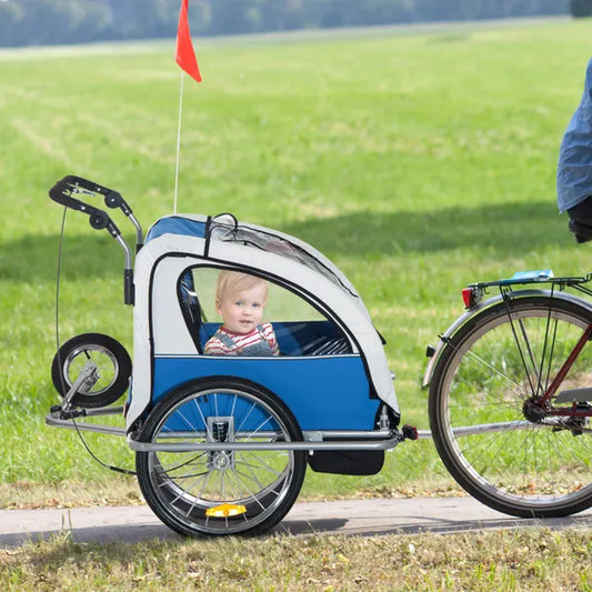 Elite 2-In-1 Bike Trailer For Kids Three-Wheel Bicycle Cargo Trailer & Jogger With 2 Safety Harnesses & Large Storage, Blue