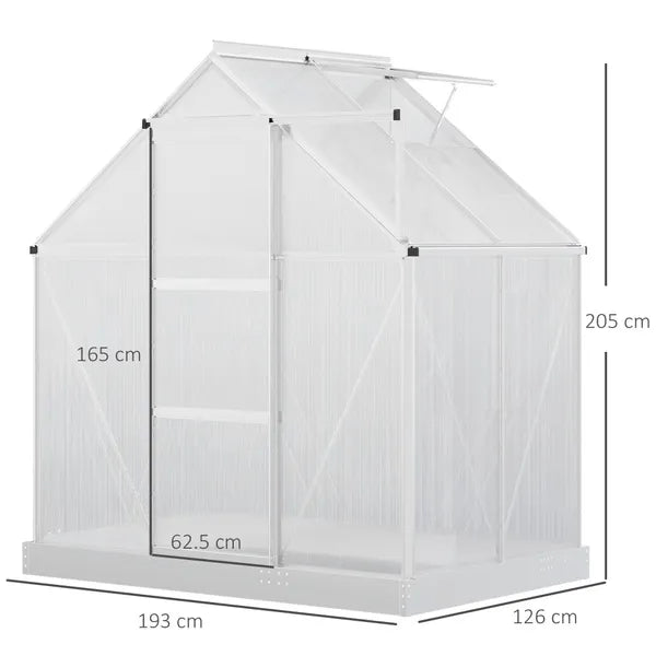 Outsunny Walk-in Greenhouse Polycarbonate Panels Aluminium Frame W/ Sliding Door Adjustable Window Inner Area Plant Flower Grow, 6 X 4 Ft