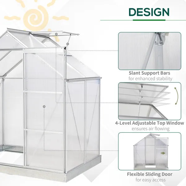 Outsunny Walk-in Greenhouse Polycarbonate Panels Aluminium Frame W/ Sliding Door Adjustable Window Inner Area Plant Flower Grow, 6 X 4 Ft
