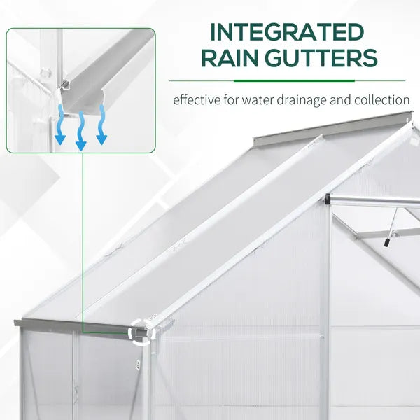 Outsunny Walk-in Greenhouse Polycarbonate Panels Aluminium Frame W/ Sliding Door Adjustable Window Inner Area Plant Flower Grow, 6 X 4 Ft