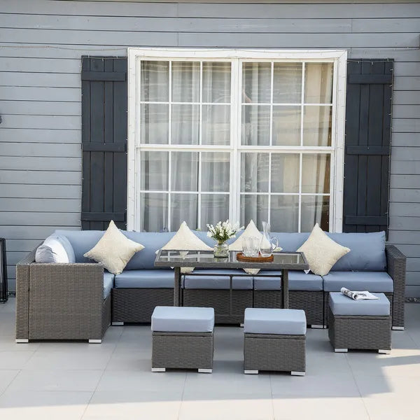 Outdoor 9-Seater Garden Rattan Furniture 10 Piece Corner Dining Sofa Set Grey Dusty Blue Cushions