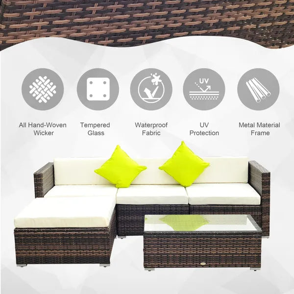 4-Seater Garden Rattan Furniture Rattan Sofa Set Sectional Sofa Coffee Table Combo Patio Furniture Metal Frame W/ Cushion Pillows Brown