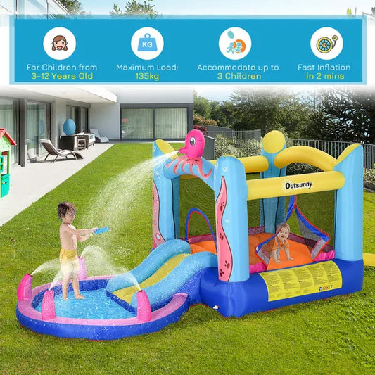 Kids Bounce Bouncy Castle House Inflatable Trampoline Slide Water Pool 3 In 1 With Inflator For Kids Age 3-12 Octopus Design