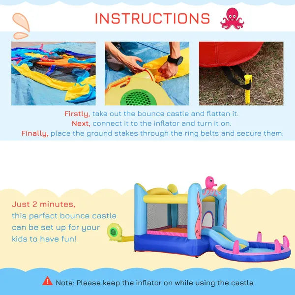 Kids Bounce Bouncy Castle House Inflatable Trampoline Slide Water Pool 3 In 1 With Inflator For Kids Age 3-12 Octopus Design